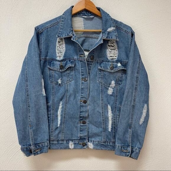 Highway Jeans Distressed Denim Jean Jacket Sz Large - Picture 1 of 3